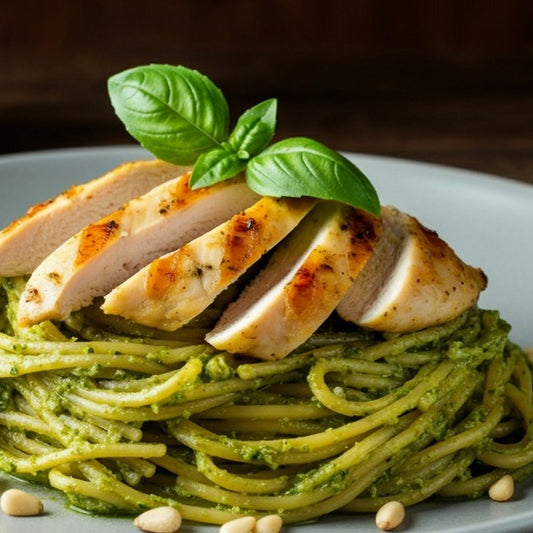 Pesto pheasant spaghetti with sliced chicken and basil leaves on a white plate.