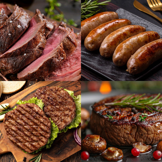 Collage of various cooked game meats, including sliced venison, game sausages and hamburger patty, and a venison steak with garnishes.