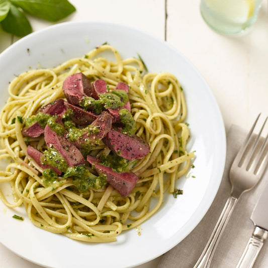 Pan Fried Wood Pigeon Fillet with Pesto and linguine