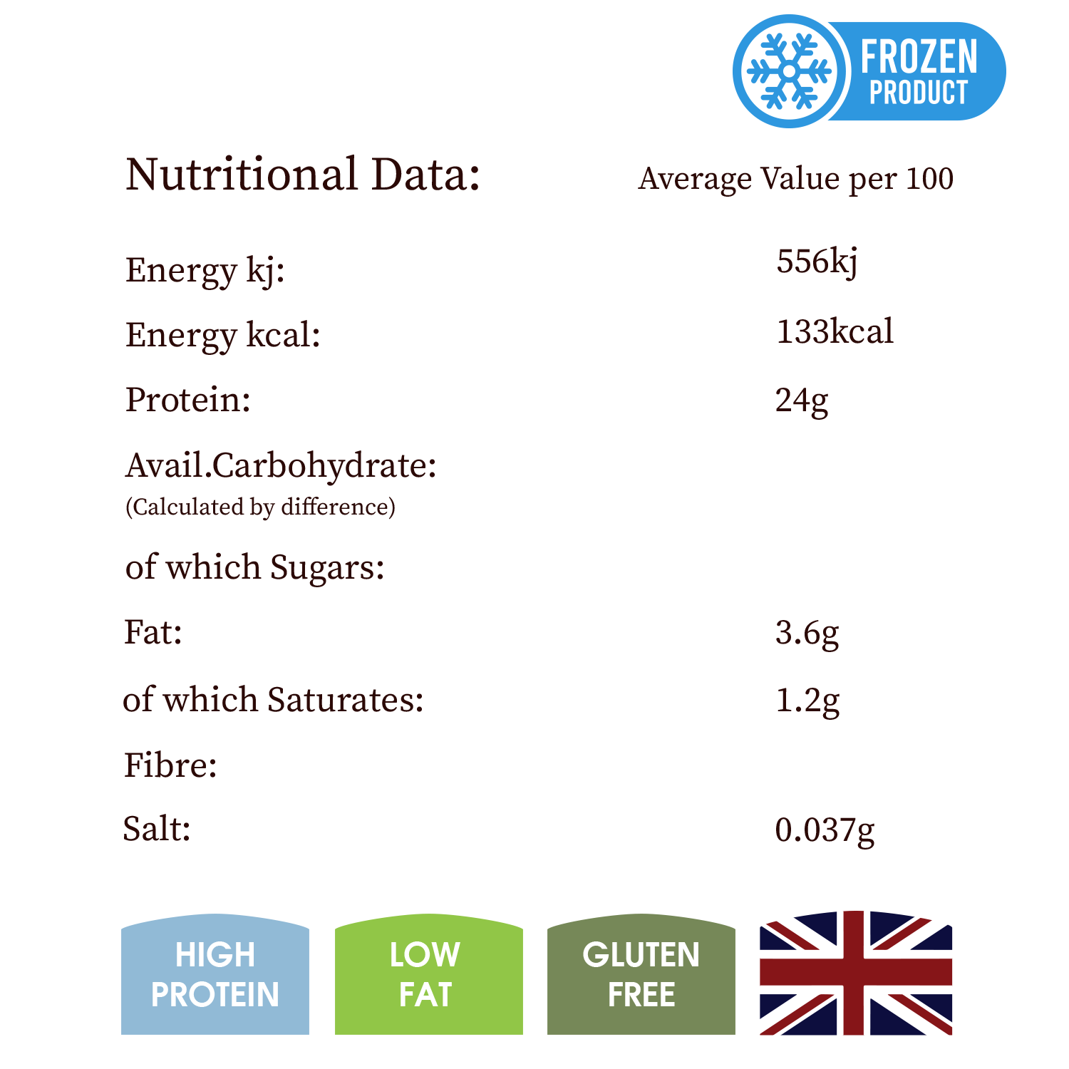 Nutritional data label for a frozen product with various nutritional values and icons.