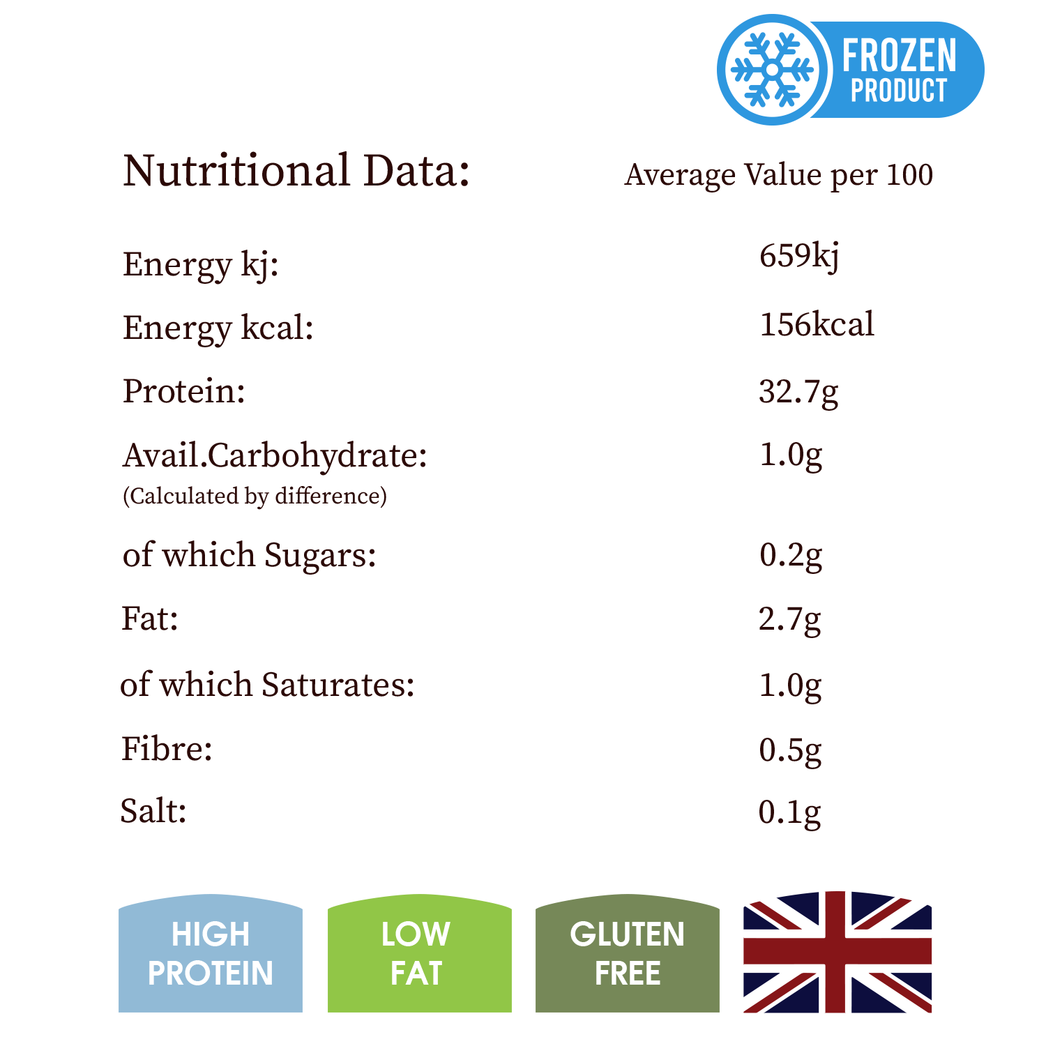 Nutritional data label for a frozen product with UK flag icon.