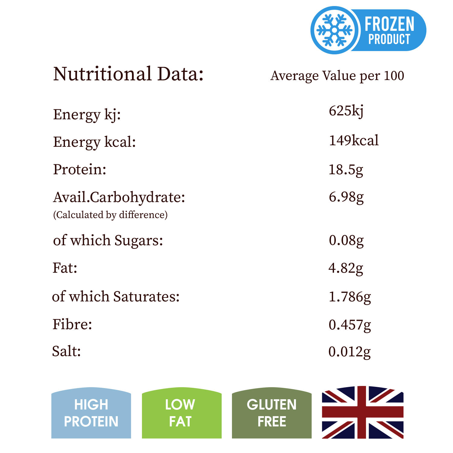 Nutritional data label for a frozen product with UK flag icon.