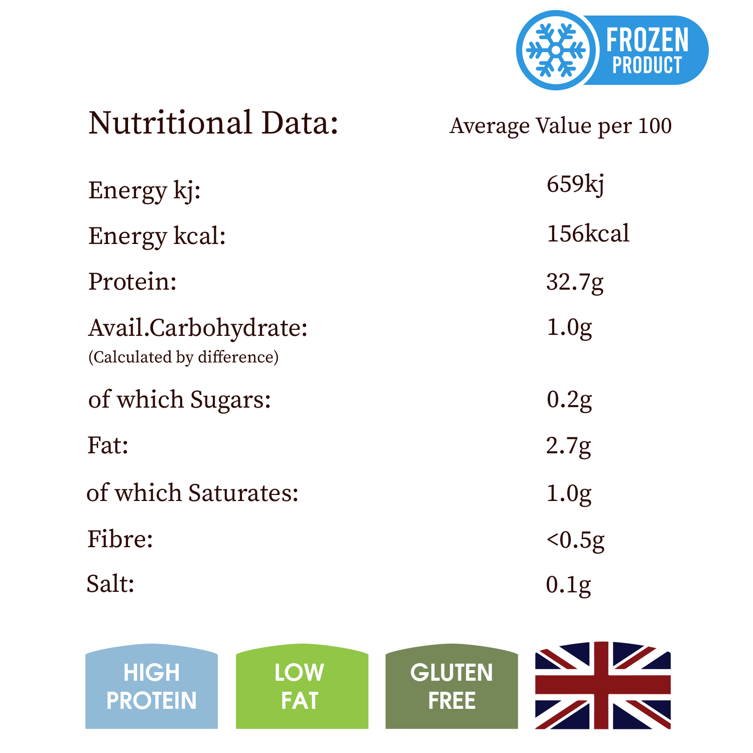 Nutritional data label for a frozen product with energy, protein, fat, and fiber information.