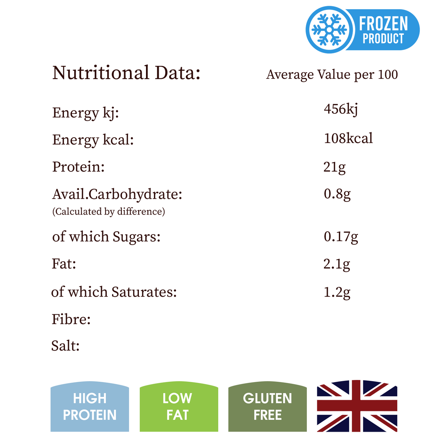 Nutritional data label for a frozen product with various icons and text.