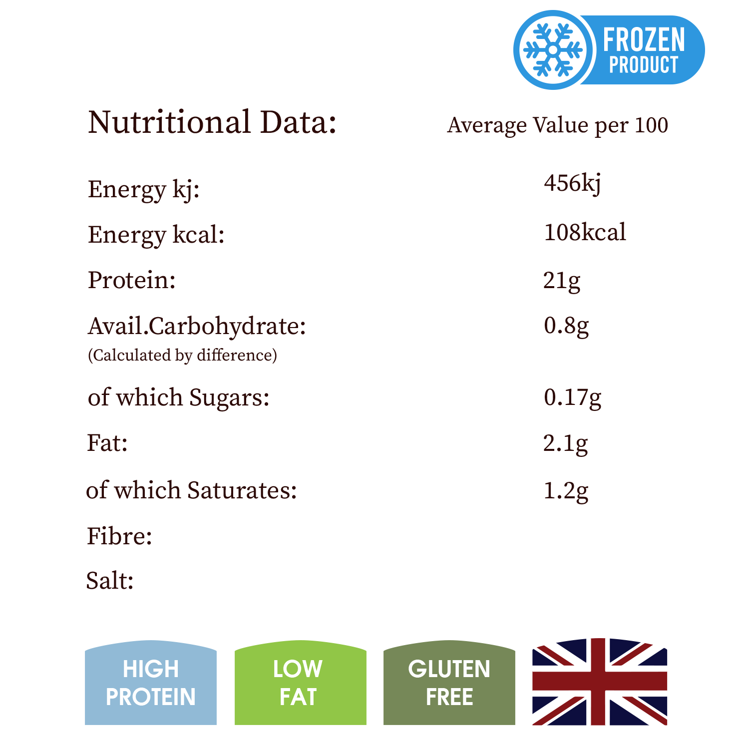Nutritional data label for a frozen product with various icons and text.