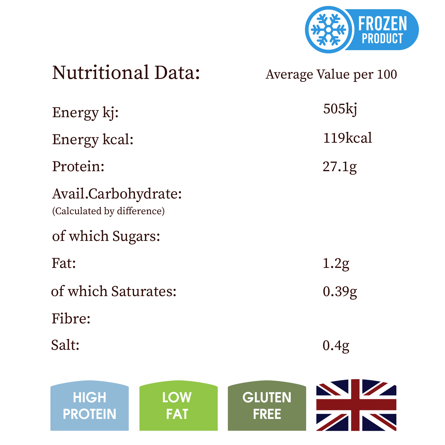 Nutritional data label for a frozen product with UK flag icon.