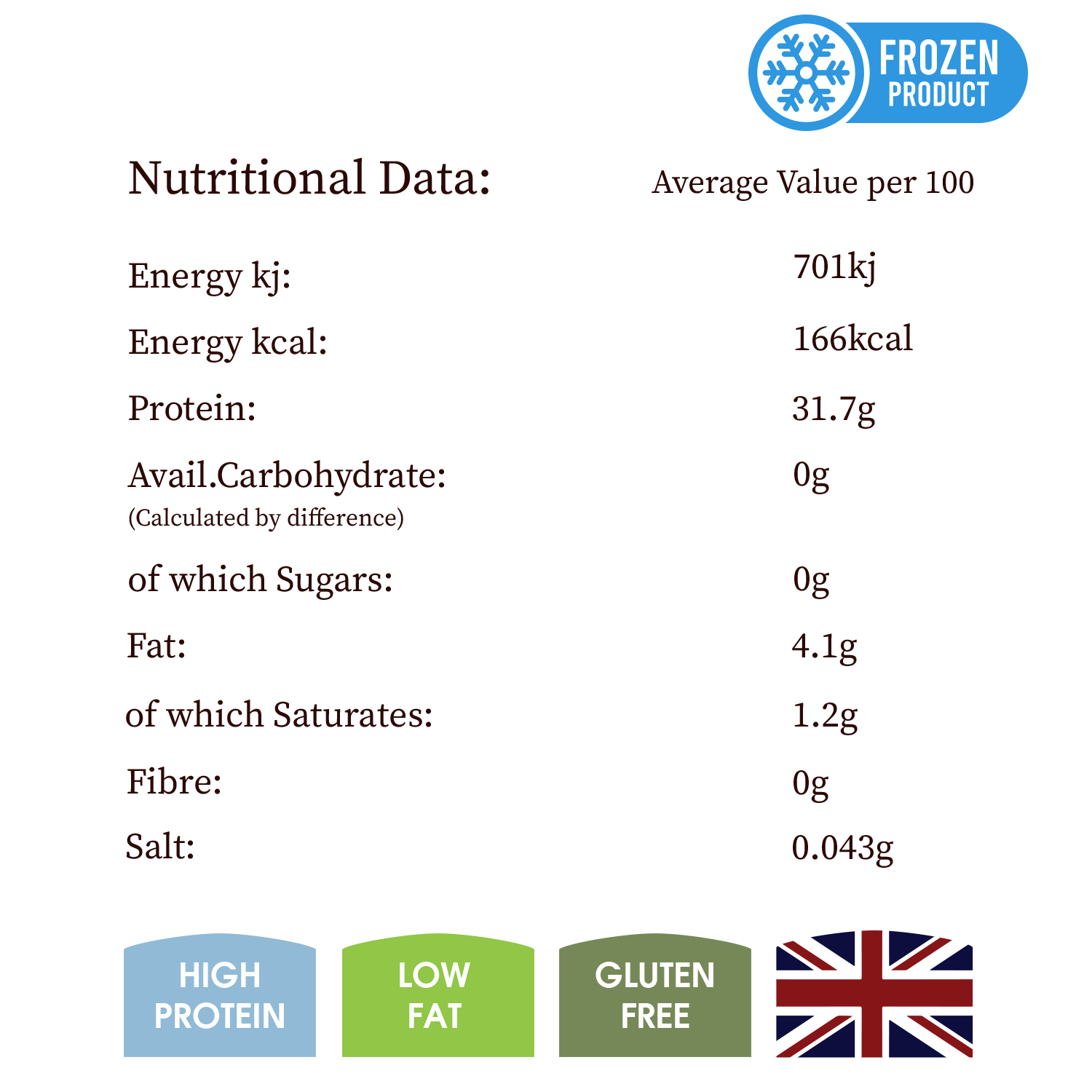 Nutritional data label for a frozen product with energy, protein, fat, and other details.