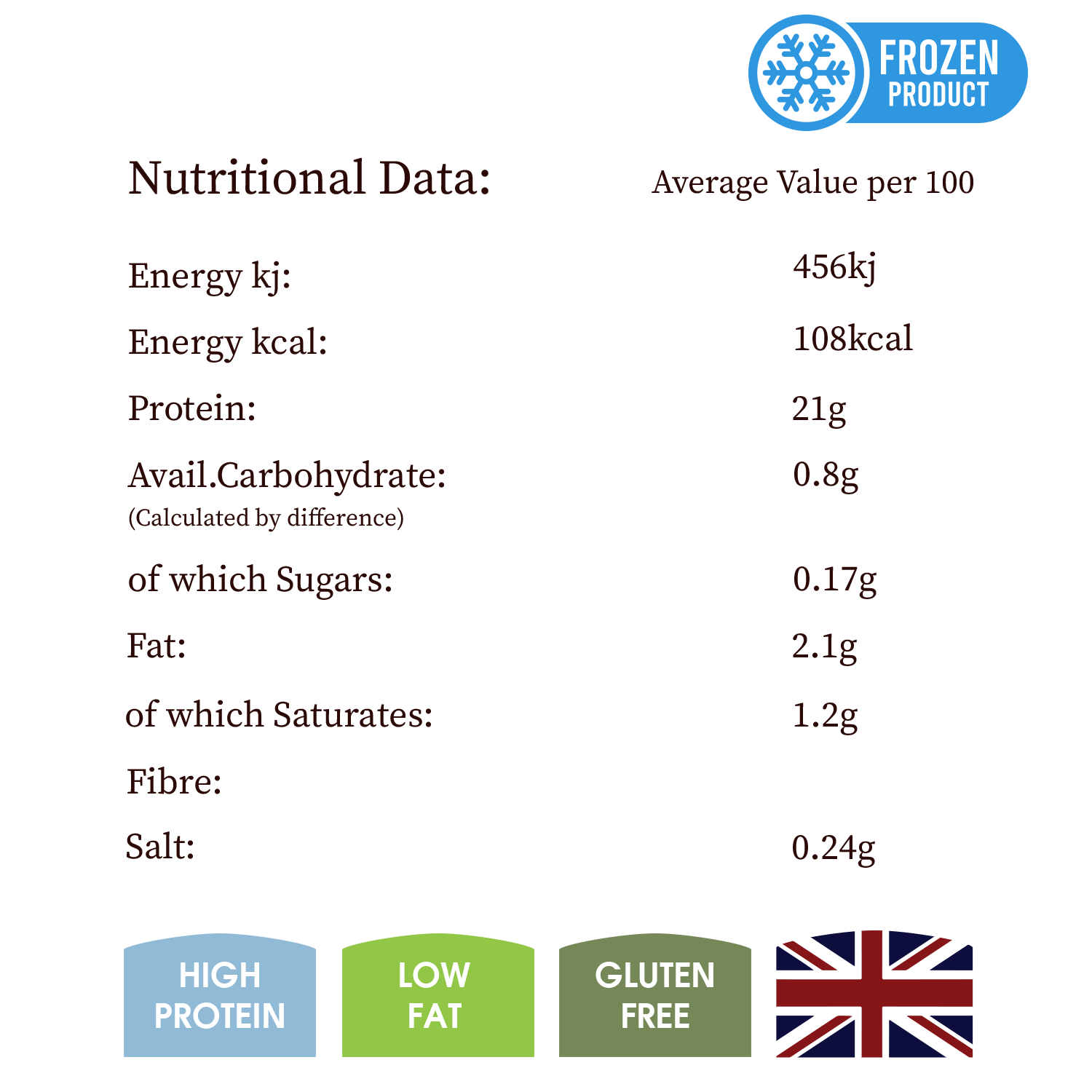Nutritional data label for a frozen product with various nutritional values and icons.