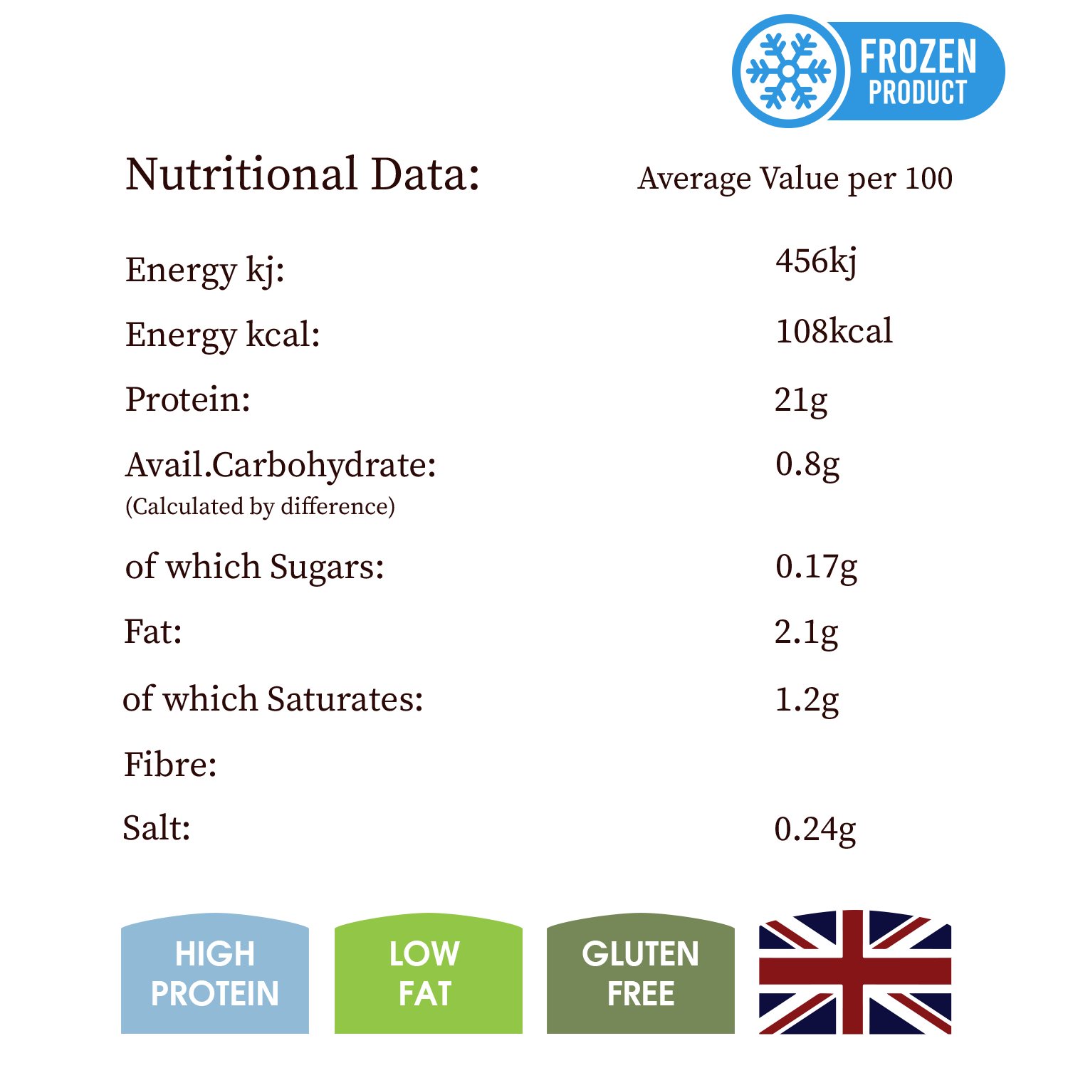 Nutritional data label for a frozen product with various nutritional values and icons.