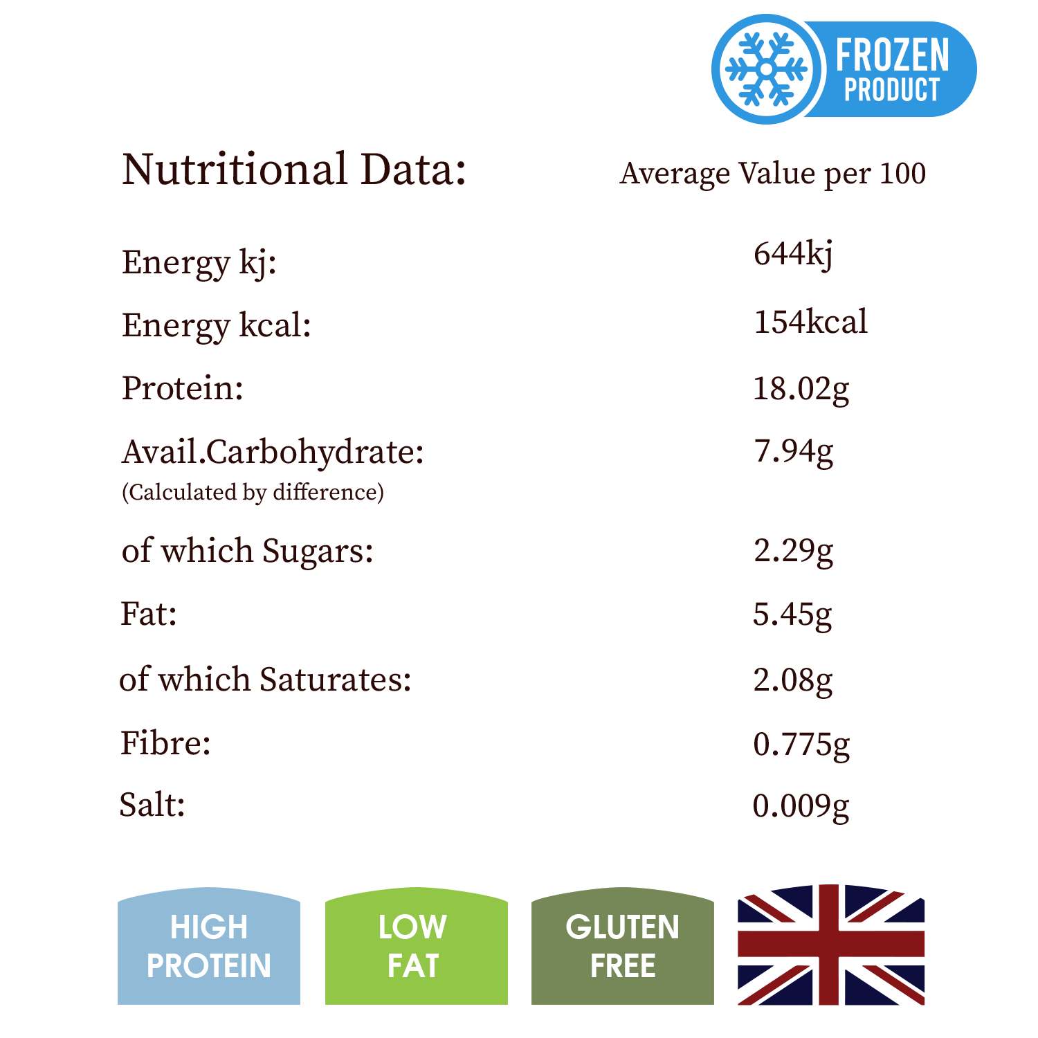 Nutritional data label for a frozen product with UK flag icon