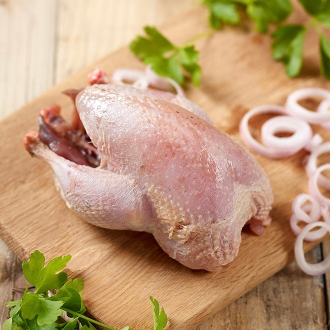 Raw chicken on a wooden cutting board with onions and herbs