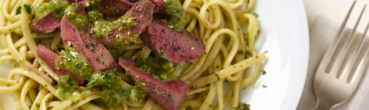 Pan Fried Wood Pigeon Fillet with Pesto and linguine