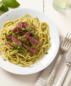 Pan Fried Wood Pigeon Fillet with Pesto and linguine